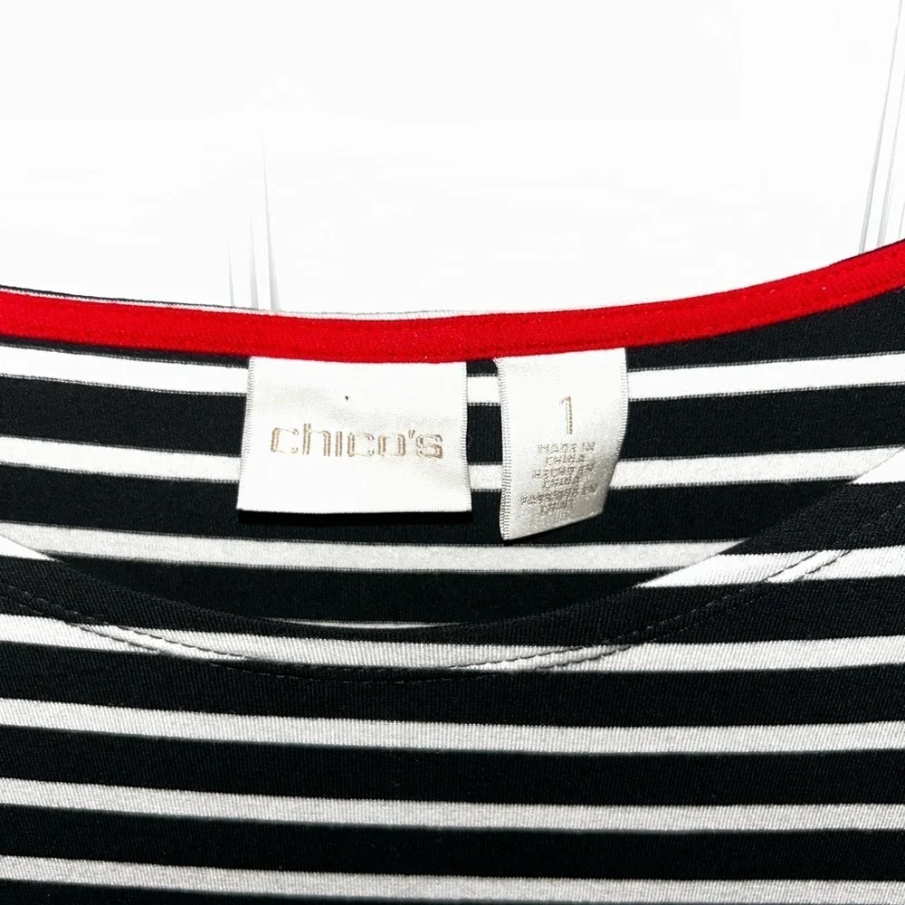 Chico's Black and White Short Sleeve Striped Peplum Top Size 1 - Picture 3 of 3